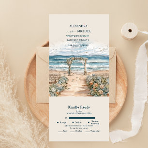 Casamento de Verão na Praia com Oceano em Aquarela