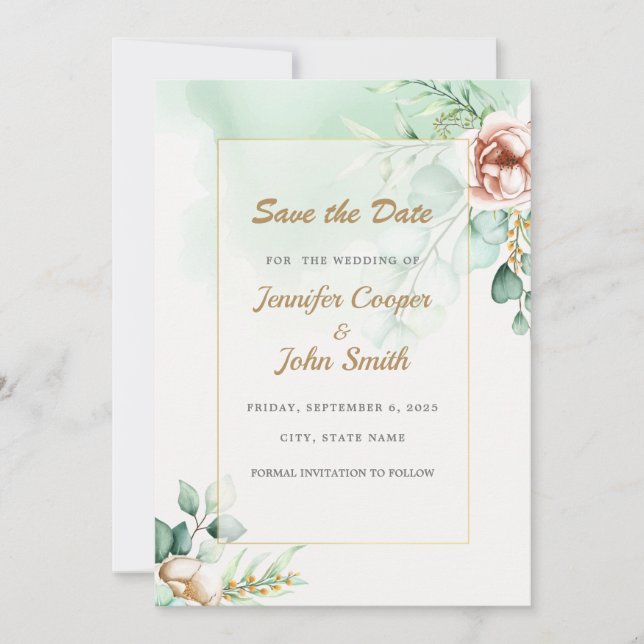 Casamento de Verde Eucalipto Save the Date  (Frente)