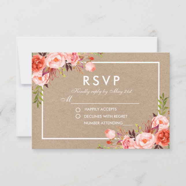 Casamento de Watercolor Coral Floral Kraft RSVP (Frente)