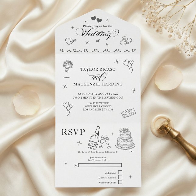 Casamento Desenhos Caprichosos Cinza e Branco (Wedding Whimsical Doodles Grey and White All In One Invitation by Ricaso. Modern chic invite, rsvp)