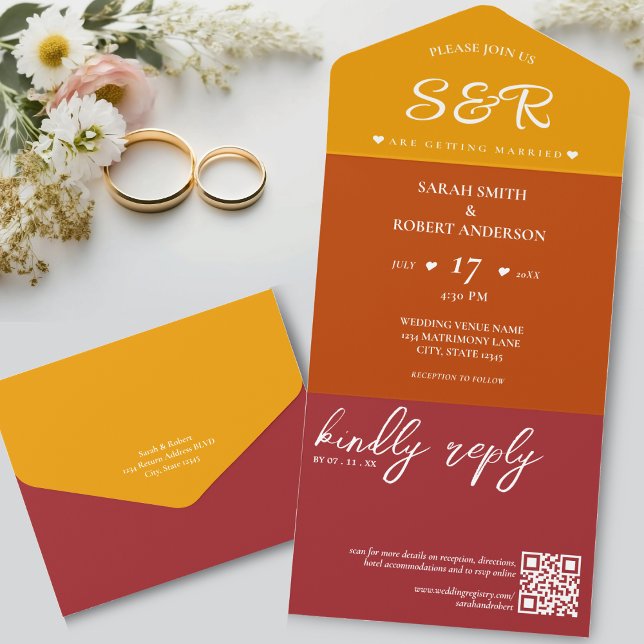 Casamento do Código QR da Borgonha Laranja Retro (Retro Orange Burgundy QR Code Wedding All In One Invitation)