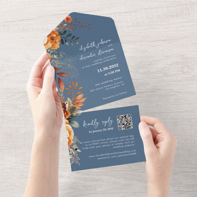 Casamento do Código QR do Autóctone Floral Azul El (Aba destacável)