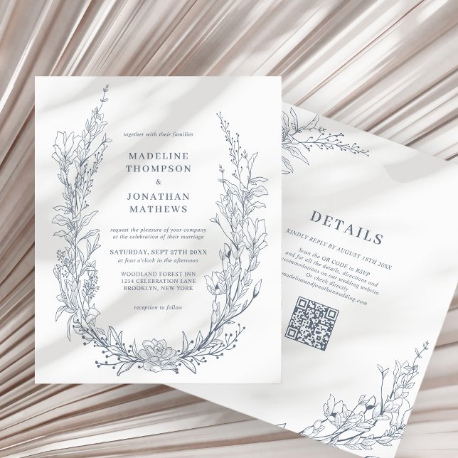 Casamento do Código QR do Azure Ivory Floral Wreat (Criador carregado)