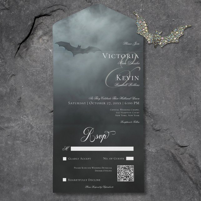 Casamento do Código QR do Bat & Fog Meody Midnight (Dark Moody Midnight Bat & Fog QR Code Wedding All In One Invitation)