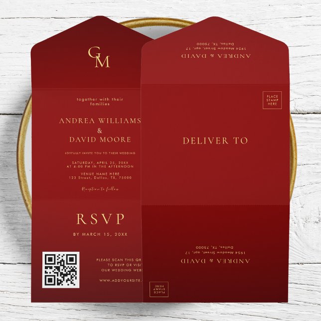 Casamento do Código QR do Monograma Dourado e Verm (Criador carregado)