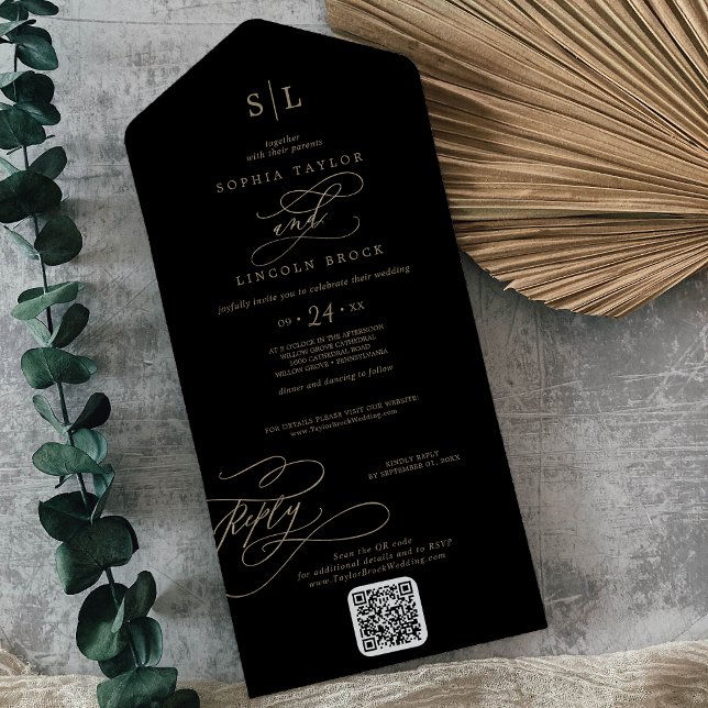 Casamento do Código QR do Monograma Negro e Dourad (Criador carregado)