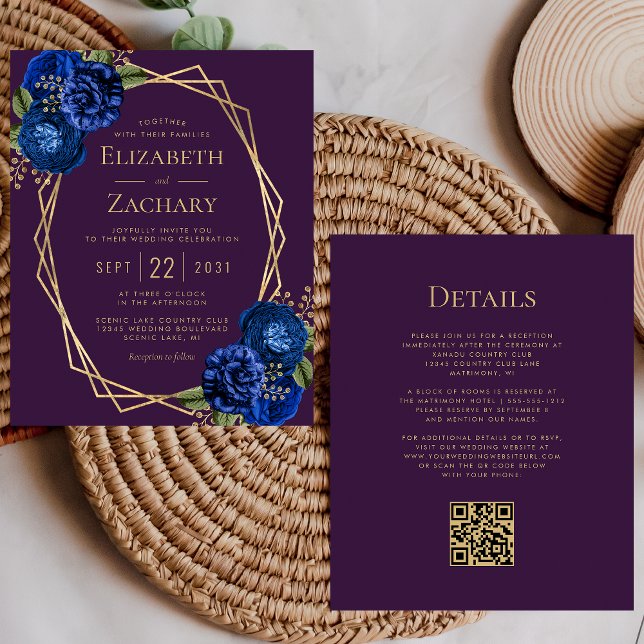 Casamento do Código QR Dourado Floral Azul Roxo do (Criador carregado)