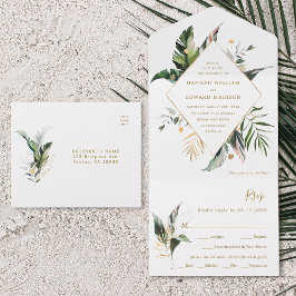 Casamento Dourado com Folhagem de Aquarela Tropica