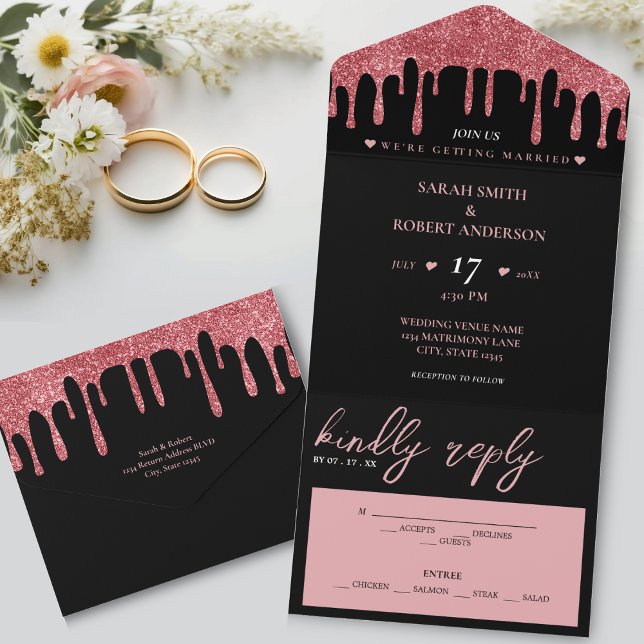 Casamento Dourado com Lixo Rosa Preta e Rosa (Black & Pink Rose Gold Glitter Drip Wedding All In One Invitation)