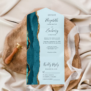 Casamento Dourado de Agata Azul-Teal Moderno
