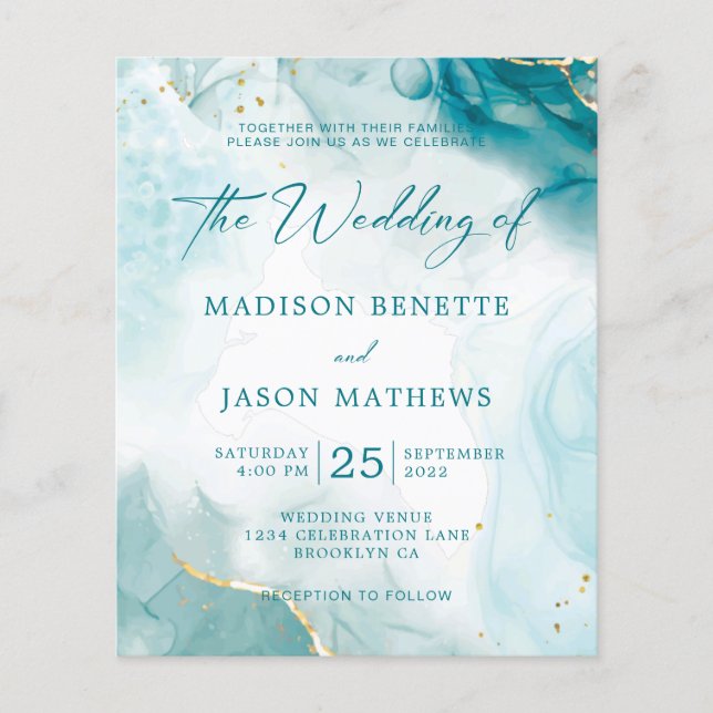 Casamento Dourado de Teal Azul no Oceano Elegante (Frente)