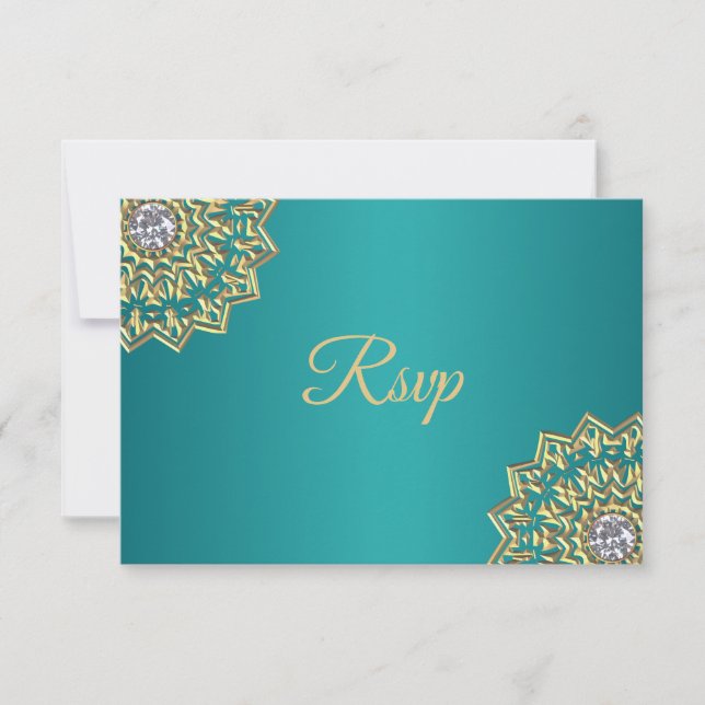 Casamento Dourado do Teal Indiano Mandala RSVP (Frente)