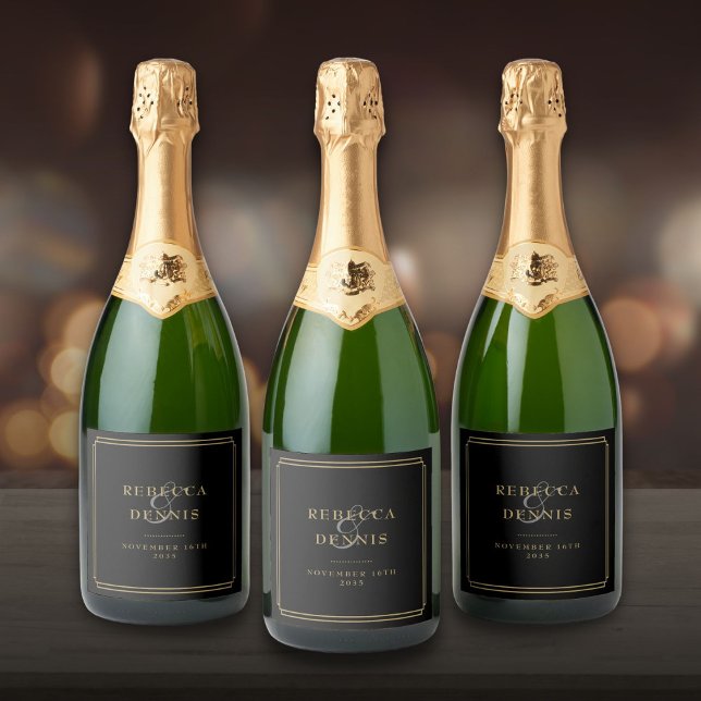 Casamento Dourado e negro de arte clássica elegant (Elegant Classic Art Deco Black And Gold Wedding Sparkling Wine Label)