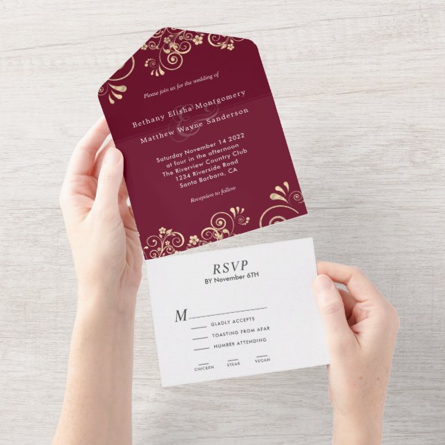 Casamento Dourado Elegante Burgundy (Aba destacável)