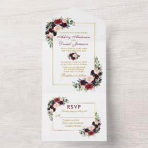 Casamento Dourado Floral Azul da Watercolor Burgun