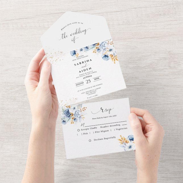 Casamento Dourado Floral Branco Dusty Blue (Aba destacável)