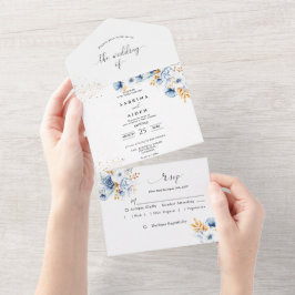 Casamento Dourado Floral Branco Dusty Blue