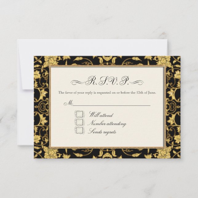 Casamento Dourado Floral Damask Faux Glitter RSVP (Frente)