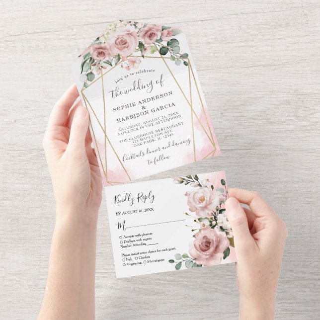 Casamento Dourado Geométrico Dusty Rosa Pink (Aba destacável)