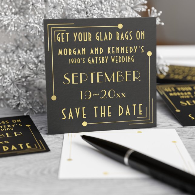Casamento Dourado Preto Salve o pacote de Datas 10 (A pack of 100 business card sized save the dates for your Gatsby Wedding. Just add your detail)