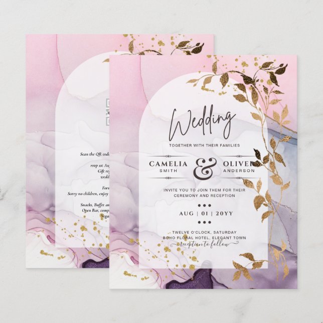 Casamento Dourado Rosa Rosa Púrpura de Mão-de-Tint (Frente/Verso)