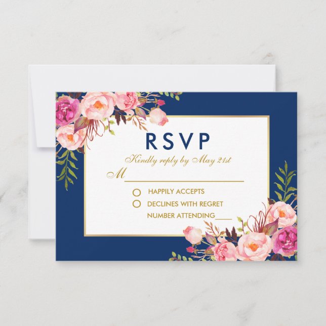 Casamento Dourado RSVP Azul Cor-de-Água Floral Cor (Frente)