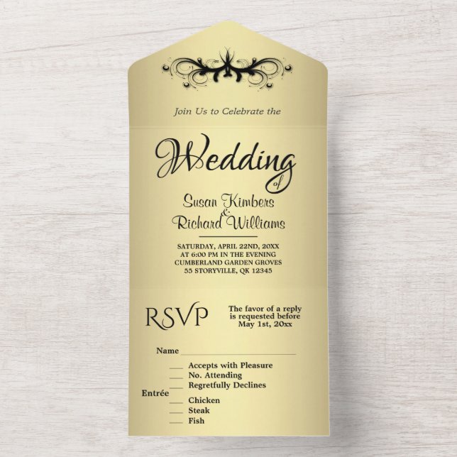 Casamento Dourado Simples e Preto Trifold w Rsvp (Inside)
