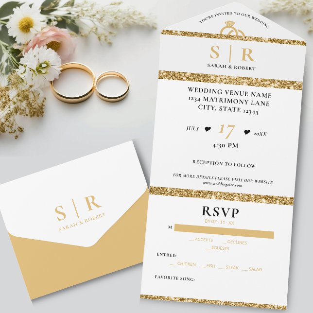 Casamento Elegante Branca e Dourada (White & Gold Glitter Elegant Wedding All In One Invitation)