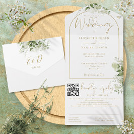 Casamento Elegante com Arco de Ouro e Código QR Ve