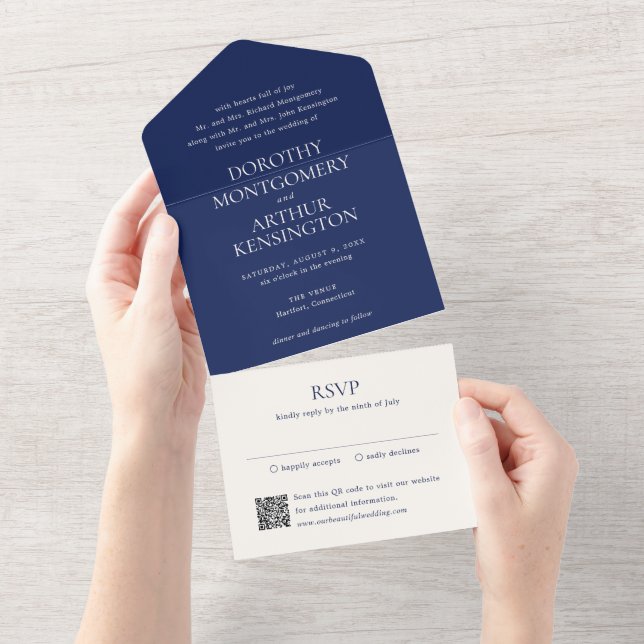 Casamento Elegante com Código QR Azul Moderno da M (Aba destacável)
