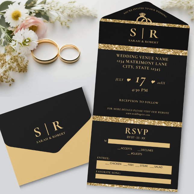 Casamento Elegante com Largura Preta e Dourada (Black & Gold Glitter Elegant Wedding All In One Invitation)