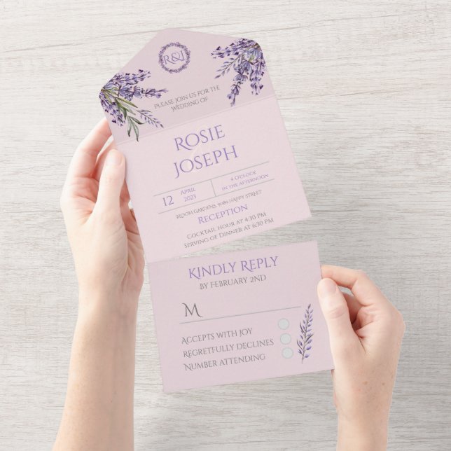 Casamento Elegante De lavanda Todos Em Um Convite (Aba destacável)
