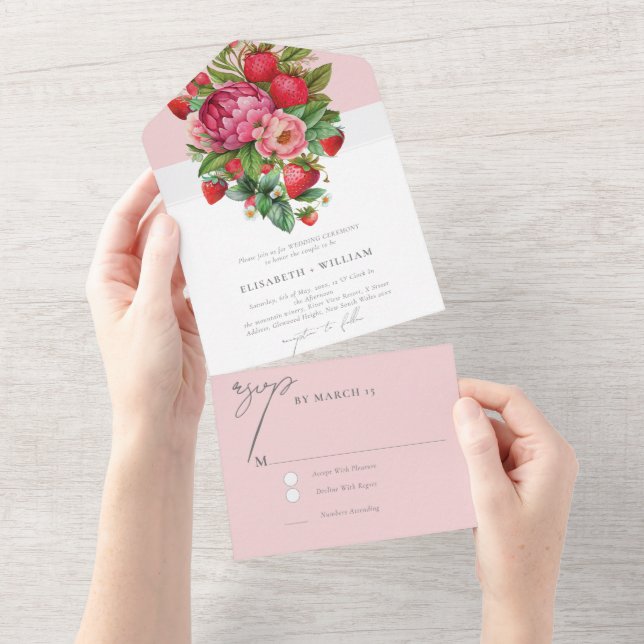 Casamento Elegante de Morango e Pêonias Rsvp (Aba destacável)
