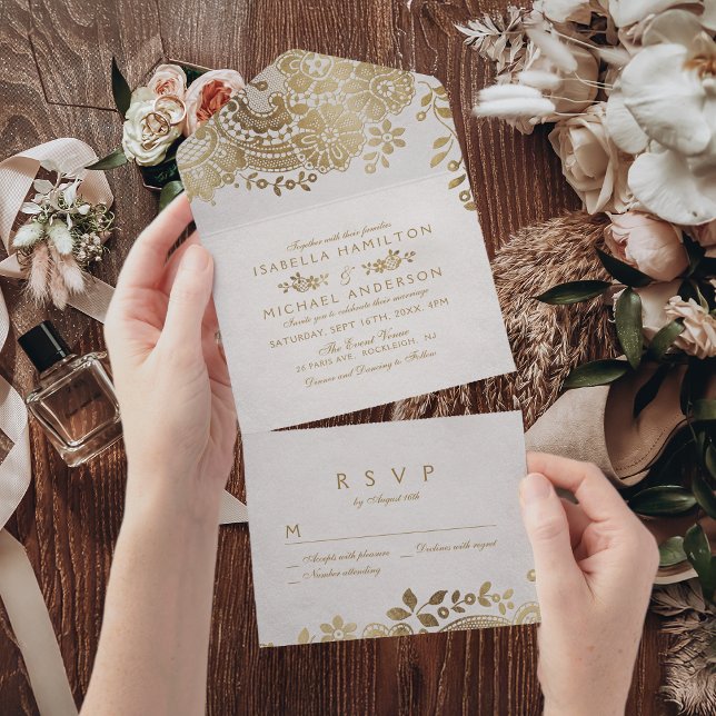 Casamento elegante de vintage dourado (Faux gold elegant vintage lace wedding all in one invitation)