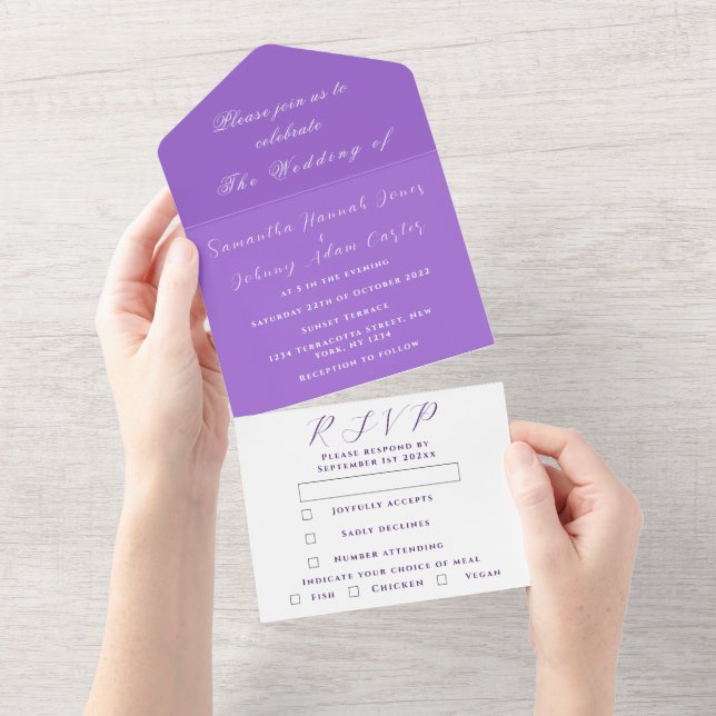 Casamento Elegante Minimalista Roxo Script All In  (Aba destacável)