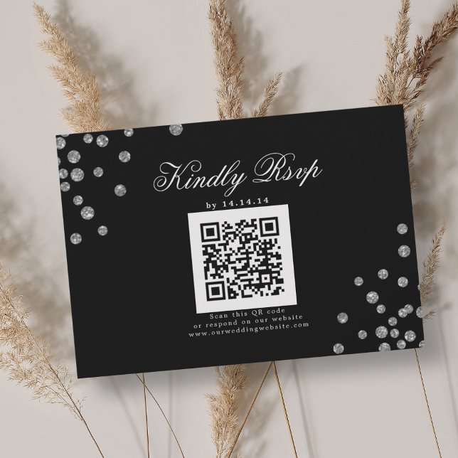 Casamento Elegante QR RSVP Confetes Prateados Pret (Elegant Wedding QR RSVP Silver Confetti Black)