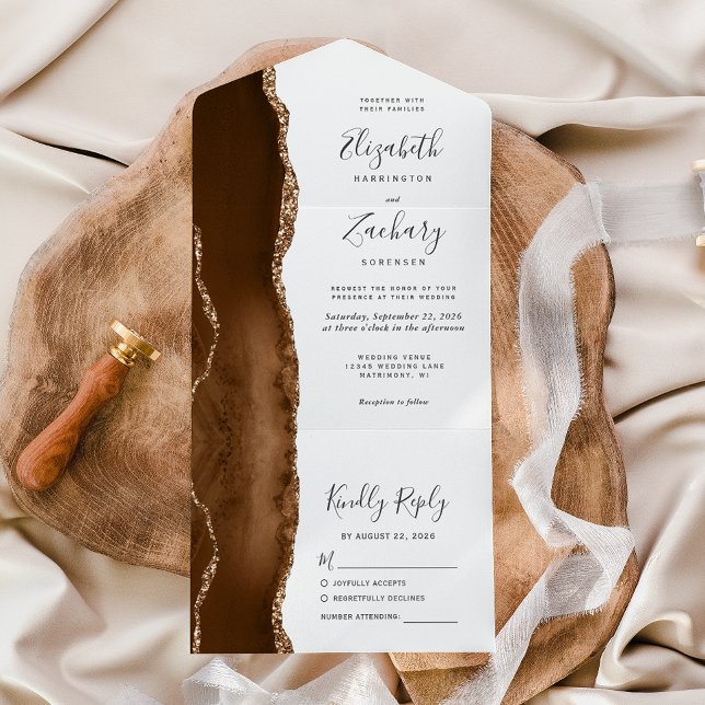 Casamento em Ágata Marrom Mocha Moderna Dourada (Criador carregado)