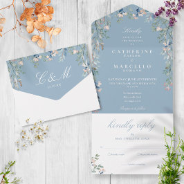 Casamento em Cascata de Verduras Florais Azul Empo