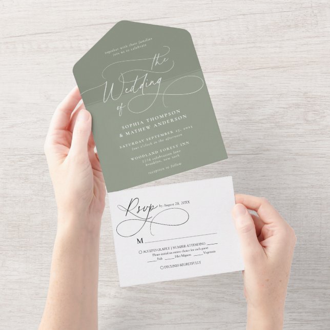 Casamento em Sage Verde com Caligrafia Elegante Fl (Aba destacável)
