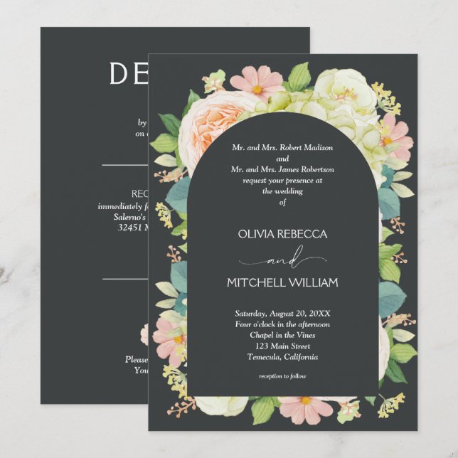 Casamento Escuro de Chic Florals em Um Único Convi (Frente/Verso)