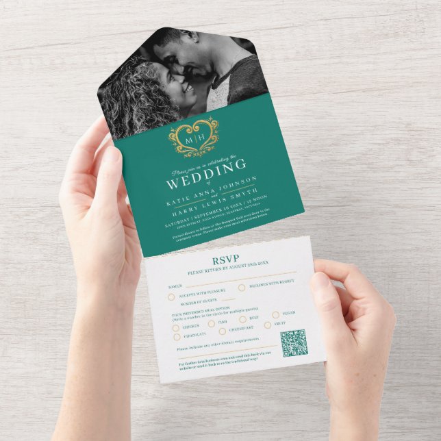 Casamento esmeralda verde branco ouro coração mono (Aba destacável)