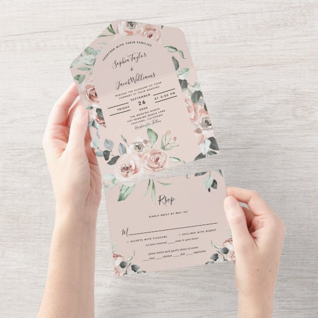 Casamento Eucalipto Floral Cor-de-Rosa Blush com R (Aba destacável)