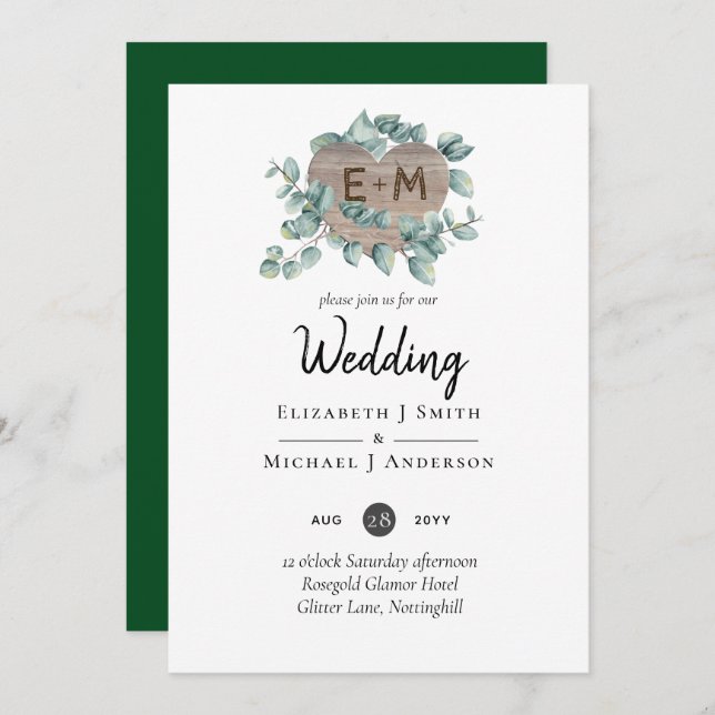 Casamento Eucalyptus - Monograma de Aquarela Verde (Frente/Verso)