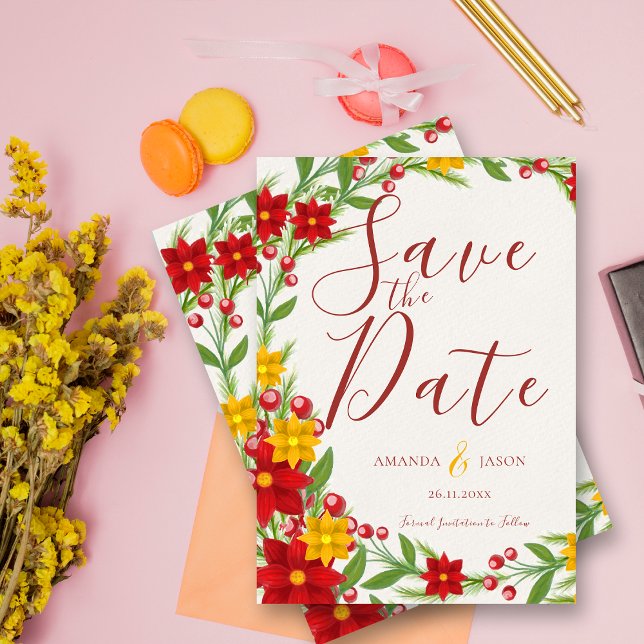 Casamento Festivo de Festa de Natal Vermelho Amare (Festive Christmas Red Yellow Wreath Floral Wedding save the date)