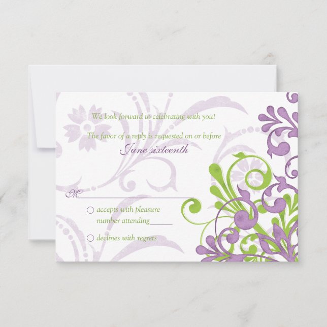 Casamento Floral Abstrato verde roxo Rsvp (Frente)