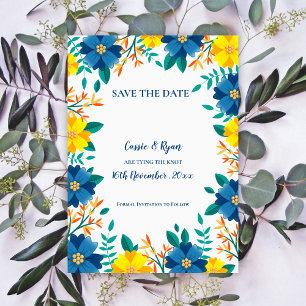 Casamento Floral Amarelo Azul bonito Salvar a Data