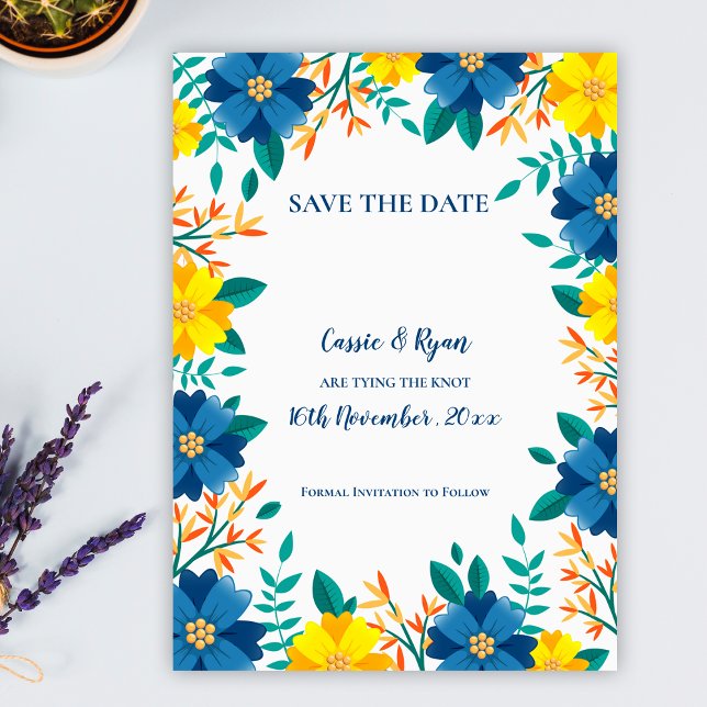 Casamento Floral Amarelo-Elegante Salva a Data (Elegant Blue Yellow Floral Wedding Save the Date)