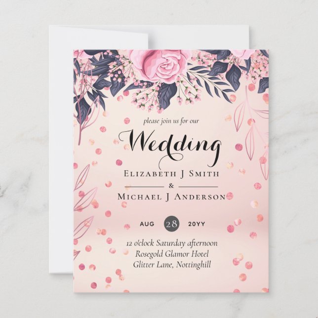 Casamento Floral Azul Cor-de-Rosa Moderna (Frente)