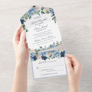 Casamento Floral Azul Dusty Tudo Em Um Convite