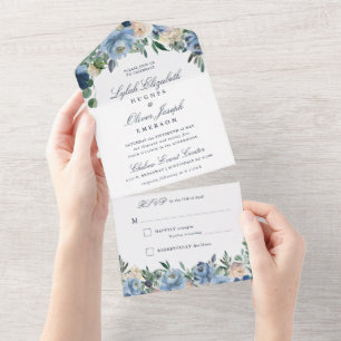 Casamento Floral Azul Dusty Tudo Em Um Convite